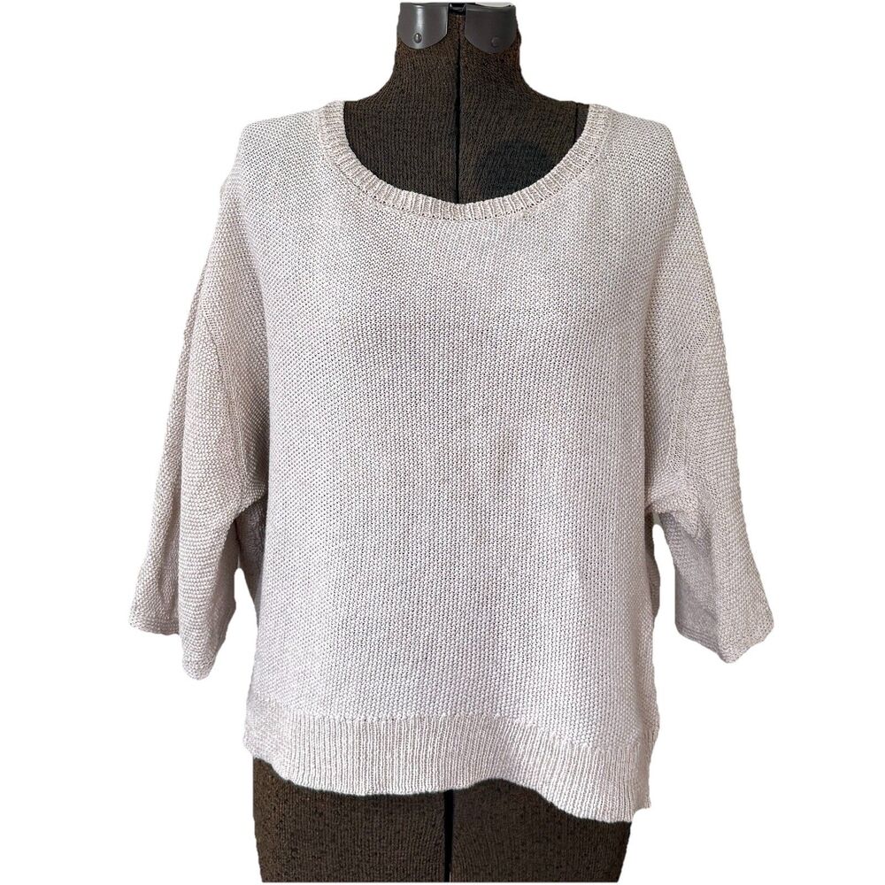 Free People Linen Blend Knit Boxy Top Curved Split Hem Back Dolman Sleeve Medium